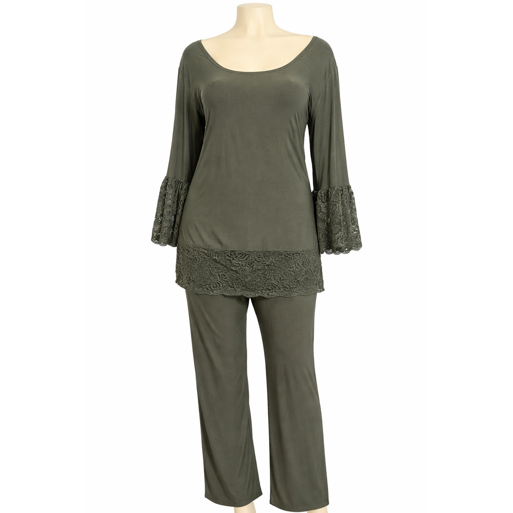 Slinky Brand XL 2 Pc Set OliveGreen Lace Trim Top Pants Stretch Lounge Travel